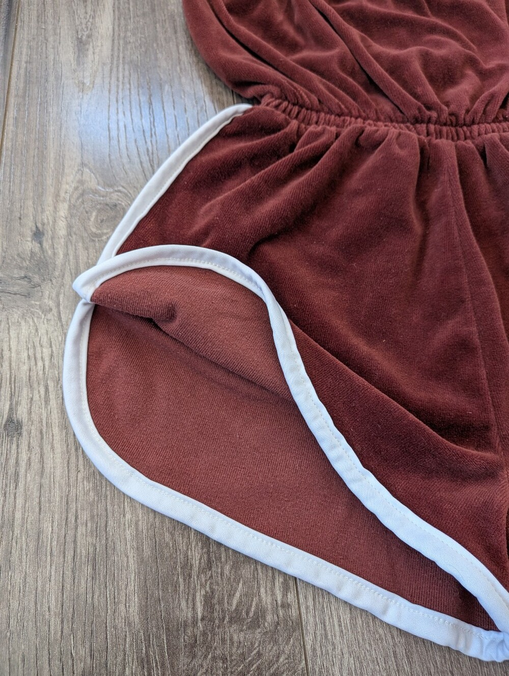 Vintage Brown Velour Strapless Shorts Romper with White Trim - Picture 9 of 11